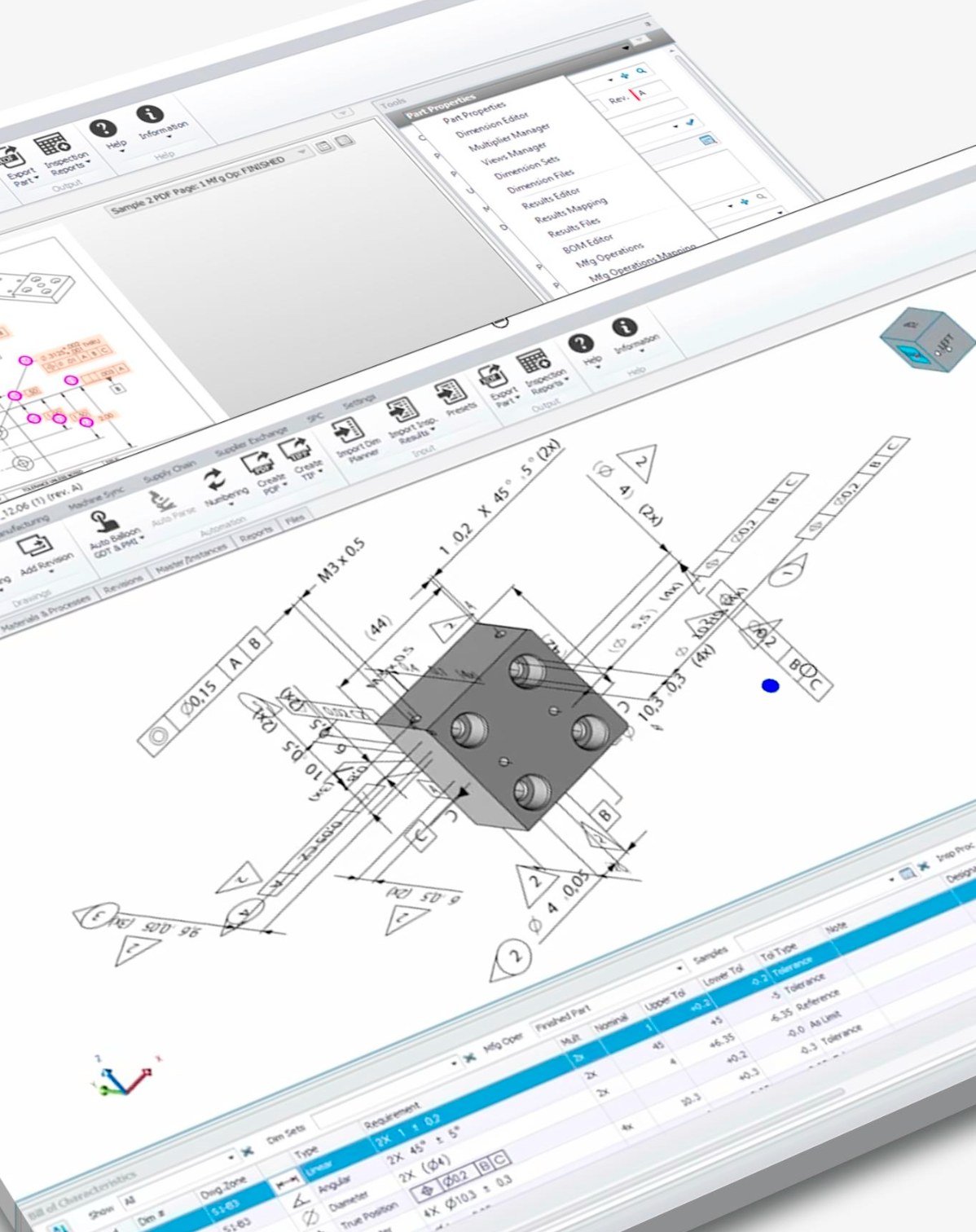 Pantalla de HighQA con el dibujo baloneado, el editor de dimensiones y la lista de características