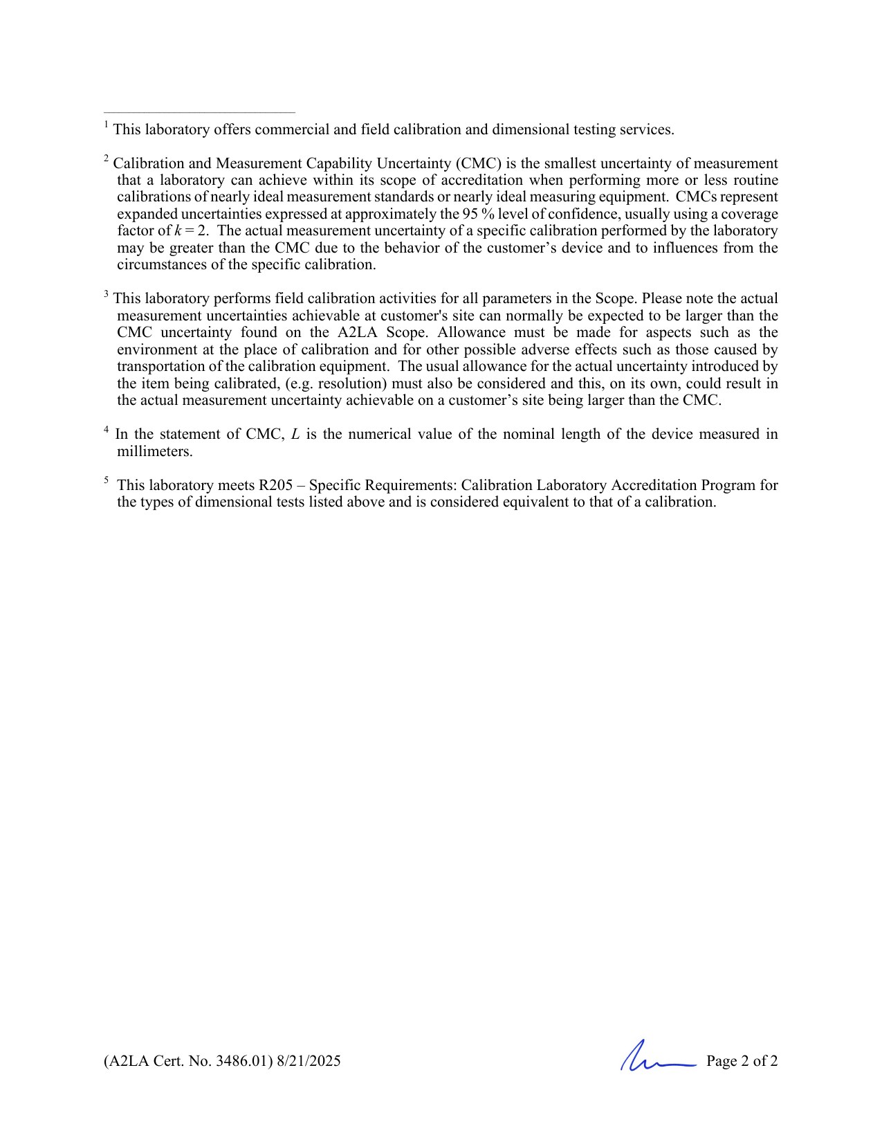 Segunda hoja del alcance, con las notas al pie sobre incertidumbre y calibración en campo