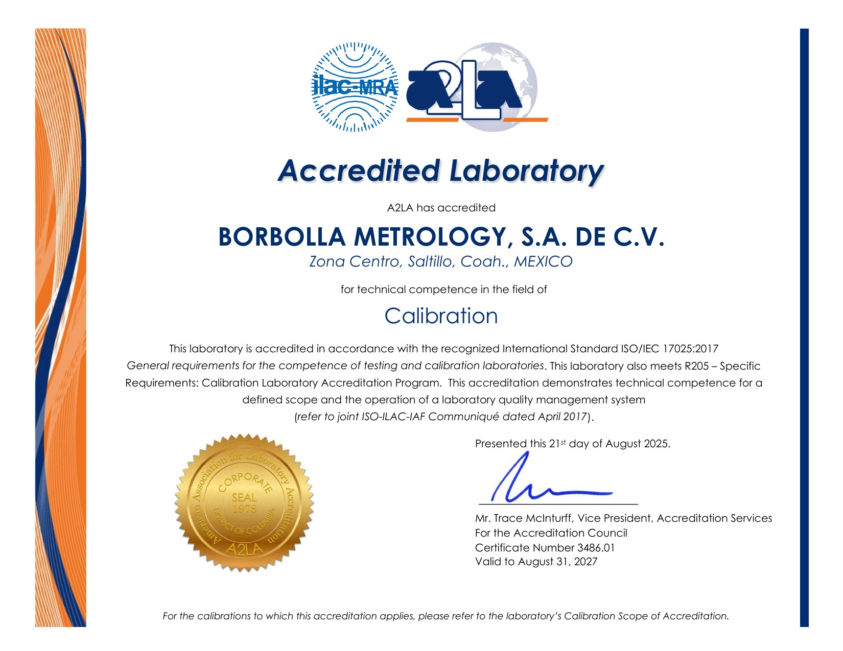 Certificado de laboratorio acreditado A2LA número 3486.01 a nombre de Borbolla Metrology, S.A. de C.V.